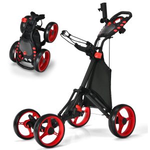 Gymax 4 Wheels Foldable Golf Push Pull Cart Trolley w/ Brake Waterproof Bag Red